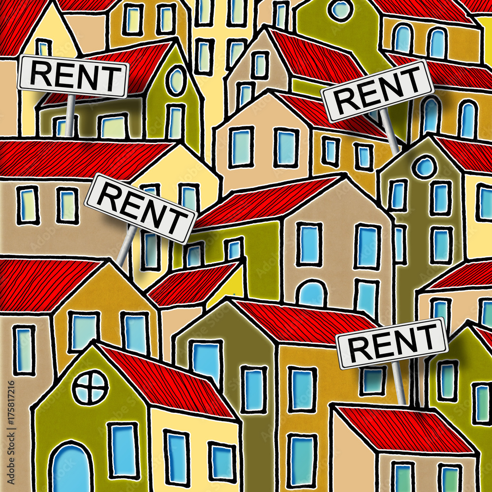 Real estate concept image with colorful cartoon doodles background design and placards with written rent on it.