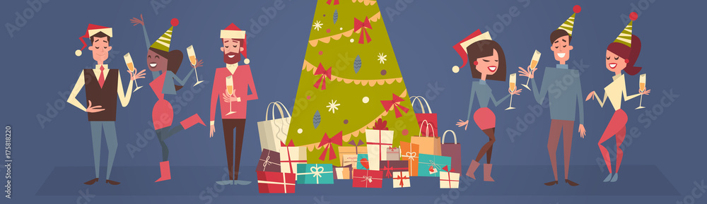 People Celebrate Merry Christmas And Happy New Year Men And Women Wear Santa Hats Holiday Eve Party Concept Flat Vector Illustration People Celebrate Merry Christmas And Happy New Year Men And Women Wear Santa Hats Holiday Eve Party Concept Flat Vector Illustration