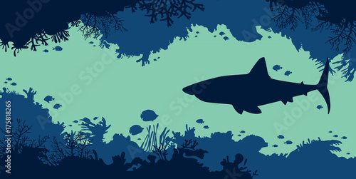 Underwater nature - shark, fish, coral, cave, sea.
