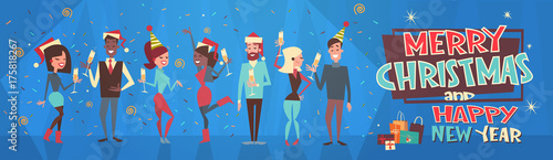 People Celebrate Merry Christmas And Happy New Year Men And Women Wear Santa Hats Holiday Eve Party Concept Flat Vector Illustration