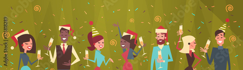 People Celebrate Merry Christmas And Happy New Year Men And Women Wear Santa Hats Holiday Eve Party Concept Flat Vector Illustration