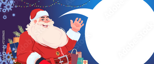 Merry Christmas And Happy New Year Greeting Card With Santa Claus With Chat Bubble Winter Holidays Banner Concept Flat Vector Illustration