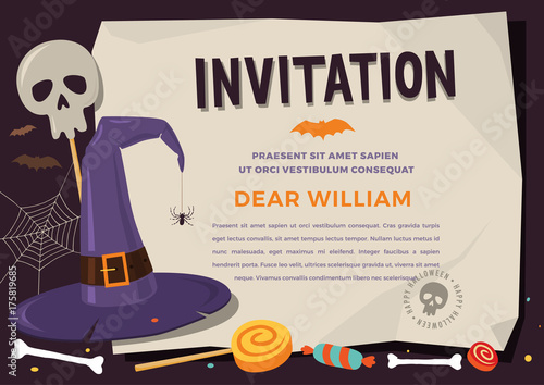 Happy Halloween. Template children invitations with pictures of colored elements of cartoon witch hat, spider web, skull bones, bat, candy canes and chocolates.