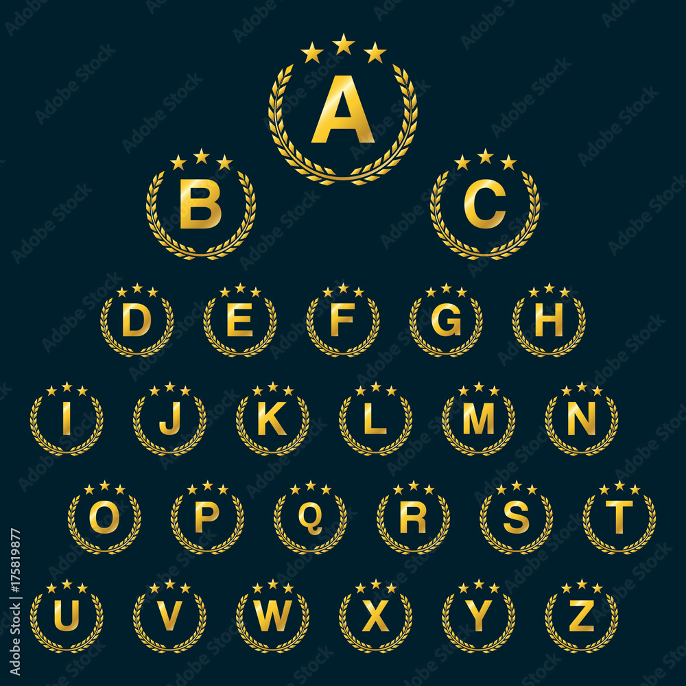 golden star laurel wreath laurel wreath logo icon with capital alphabet letters design template elements letter a to z stock vector adobe stock