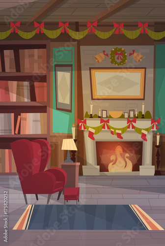 Empty Armchair Near Decorated Fireplace , Home Interior Decoration For Christmas And New Year Holidays Concept Flat Vector Illustration