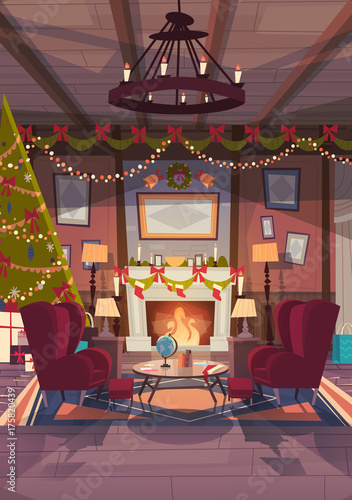 Living Room Decorated For Christmas And New Year, Empty Armchairs Near Pine Tree And Fireplace, Home Interior Decoration Winter Holidays Concept Flat Vector Illustration