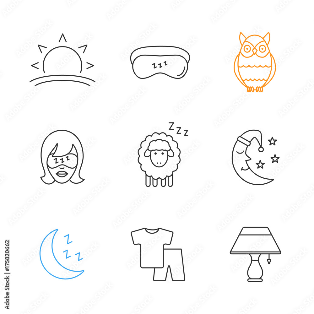 Sleeping accessories linear icons set Sleeping accessories linear icons set