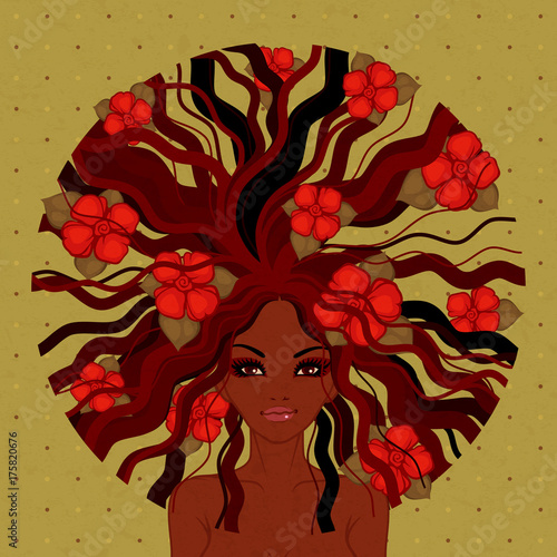 vector illustration of beautiful Afro-American girl with red flowers