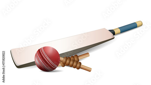 Red leather stitched Cricket ball, wooden wickets and bat isolated on white background with copy space. vector and illustration.