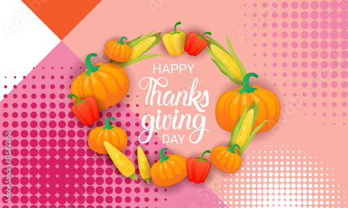 Happy Thanksgiving Day Autumn Traditional Holiday Greeting Card Flat Vector Illustration