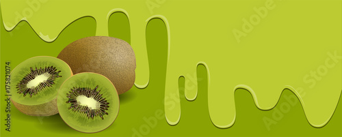 Kiwi fruit on Green background, flowing juicy water and copy space for text. vector illustration.