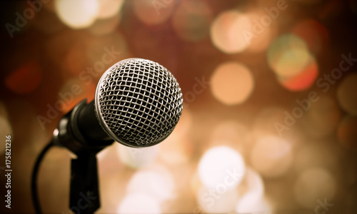 Microphones on bokeh background in seminar room prepare for talking speech in conference hall