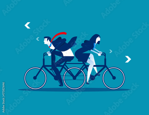 Two Business person riding the same bike in opposite directions. Concept business vector illustration. Flat design style.
