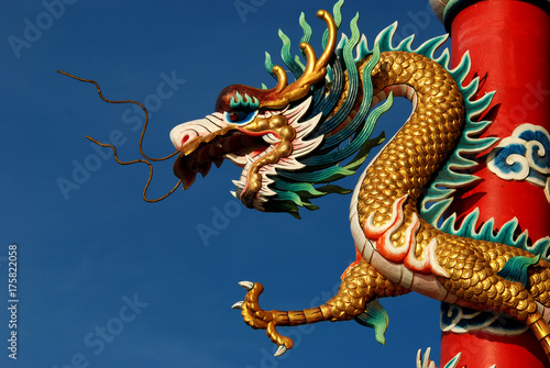 Chinese dragon in front of blue sky.