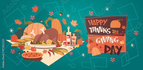 Happy Thanksgiving Day Autumn Traditional Harvest Holiday Greeting Card Flat Vector Illustration
