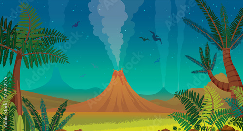 Prehistoric nature - volcano, pterodactyl, fern and night sky.