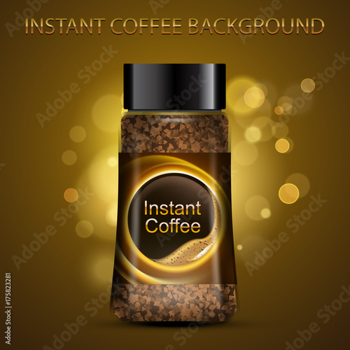 Instant coffee package on abstract blurred background. Vector template