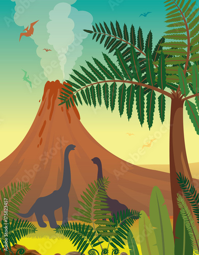 Prehistoric nature - volcano, dinosaur, plants