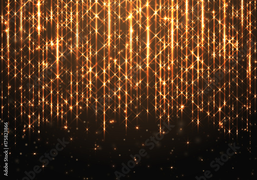 Background with golden bright falling sparks for the Christmas decoration of greetings and cards. Vector ornaments for celebrating the new year on a black backdrop