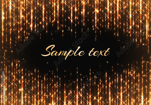 A shimmering background with golden sparkles and a place for a congratulatory text. Rays of light on a dark backdrop vector illustration.