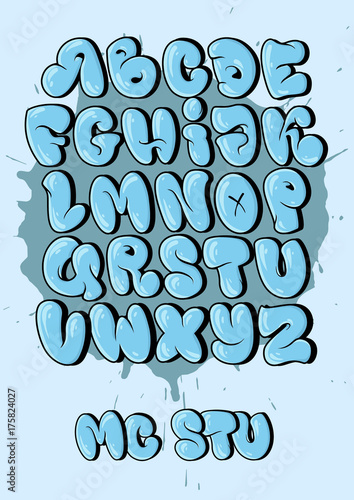 Bubble style graffiti alphabet in set. cool graffiti font