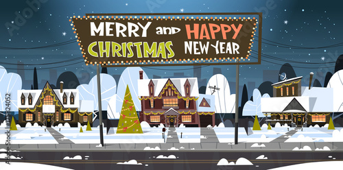 Merry Christmas And Happy New Year Greeting Card With Green Holiday Tree Near Snowy House Flat Vector Illustration