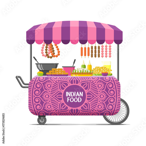 Indian street food cart. Colorful vector illustration, cartoon style, isolated on white background