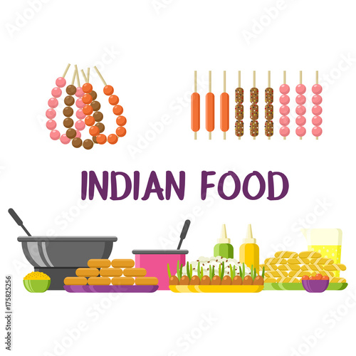 Indian food restaurant colorful showcase. Dishes and ingredients set. Colorful vector illustration, cute style, isolated on white background