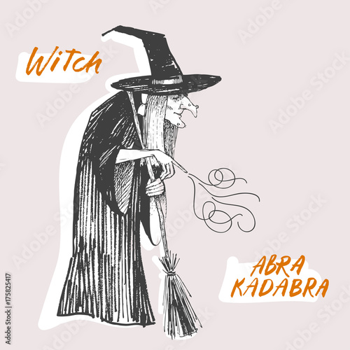 Engraving style. Ink line illustration for Halloween. The witch conjures