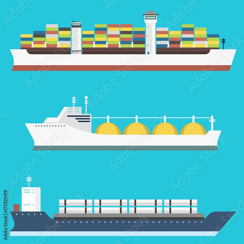 Cargo vessels and tankers shipping delivery bulk carrier train freight boat tankers isolated on background vector illustration