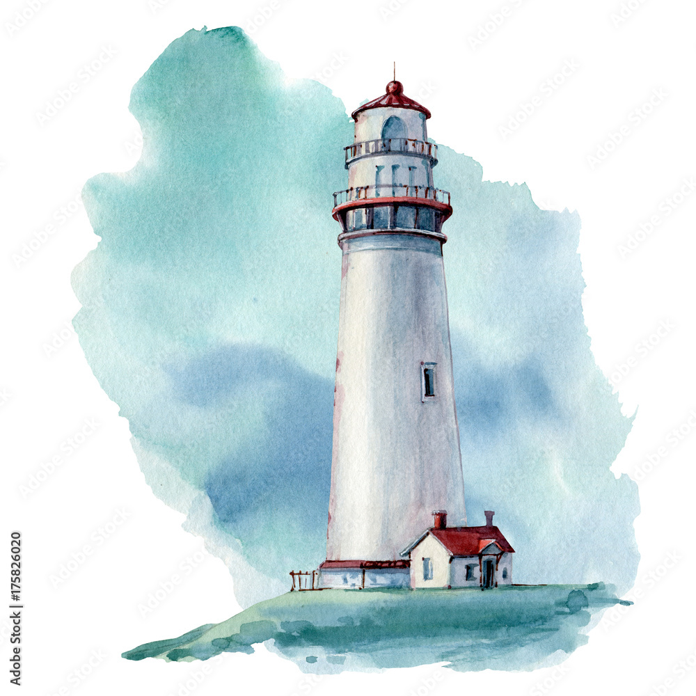 hand drawn watercolor lighthouse illustrstion - obrazy, fototapety, plakaty 