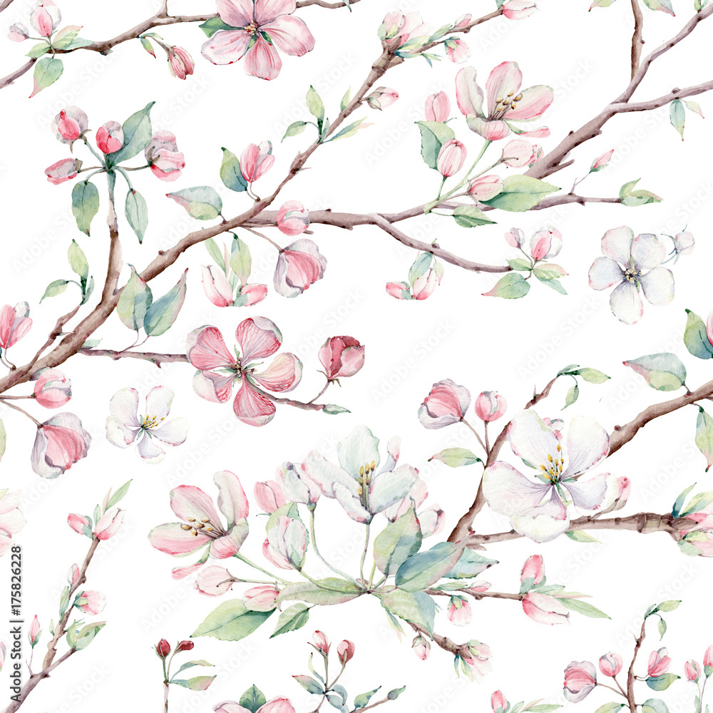 hand drawn apple tree branches and flowers seamless pattern