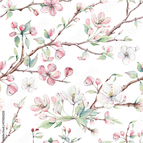 hand drawn apple tree branches and flowers seamless pattern