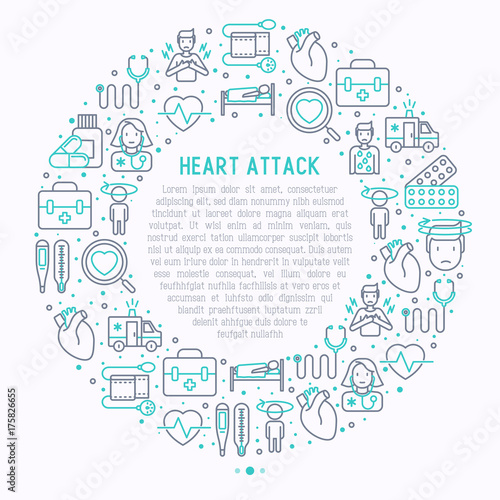 Heart attack concept in circle with thin line icons of symptoms and treatments. Modern vector illustration for medical report or survey, banner, web page, print media.