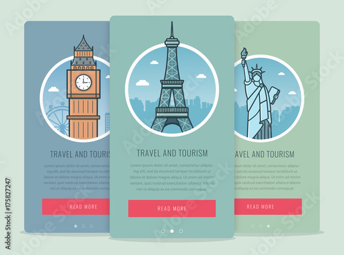 Travel composition with famous world landmarks London, Paris, New York. Travel and Tourism. Concept website template. Vector