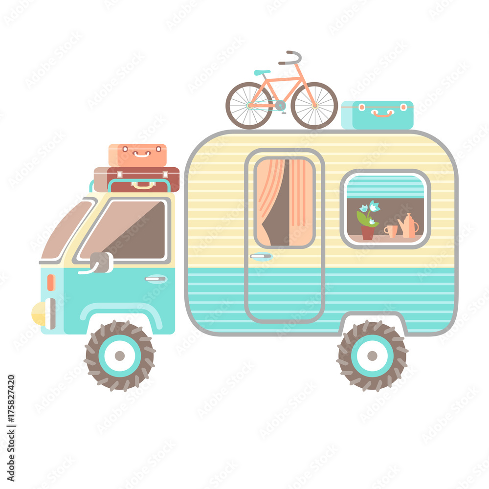 Naklejka premium Mobile recreation. House on wheels. Transport trailer vector wit