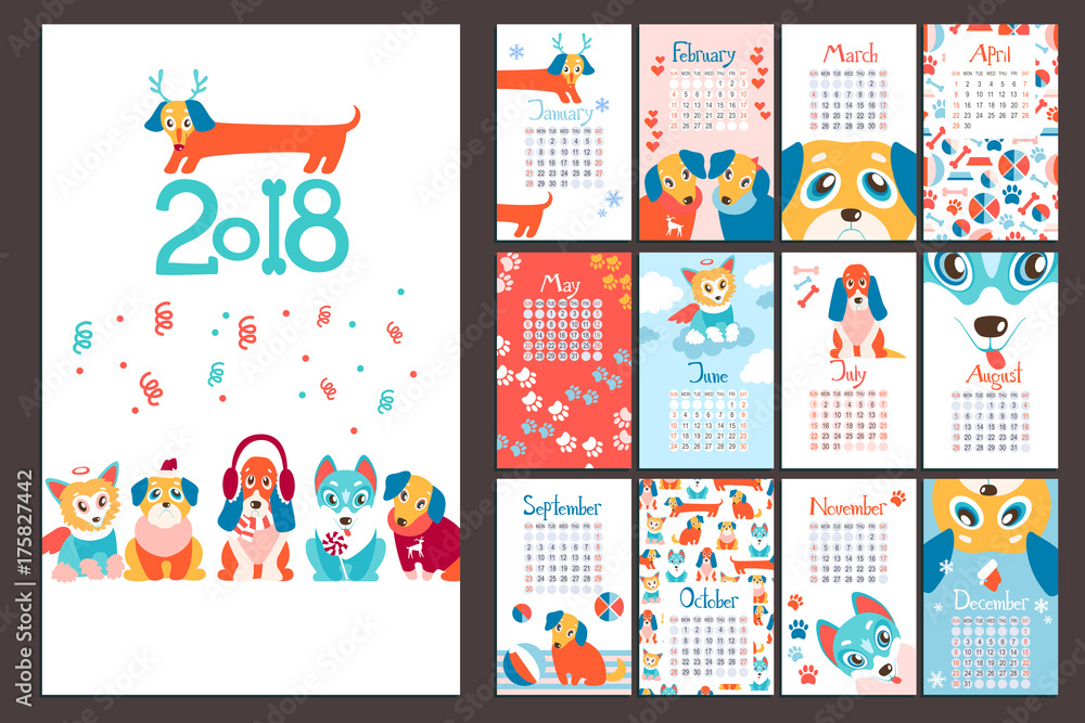 Creative calendar 2018 with cute cartoon puppies. Flat colored i Creative calendar 2018 with cute cartoon puppies. Flat colored i