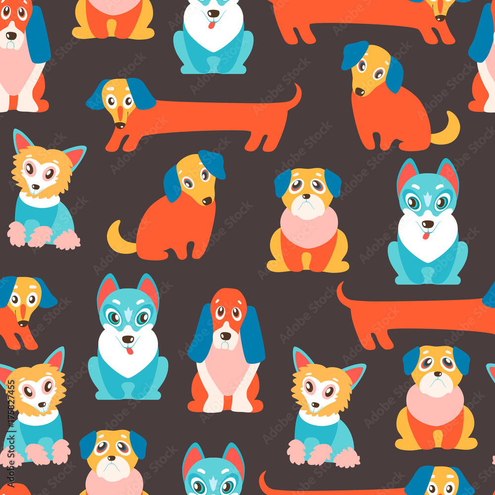 Obraz premium Seamless vector pattern with cute cartoon puppies. Different bre