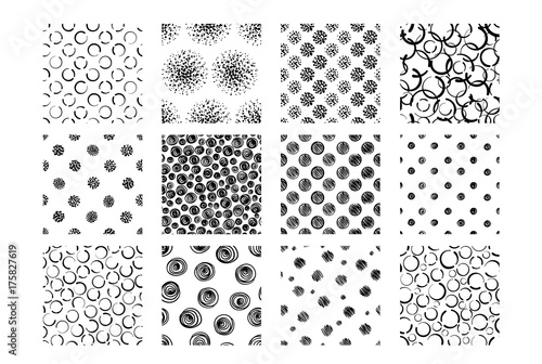 Set of Hand drawn seamless patterns with dots and circles isolated on white.