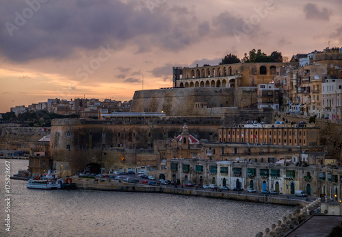 Sunset on the embankment of Valletta. Malta.