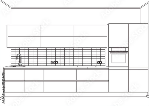 3D vector sketch. Modern kitchen furniture design. Appliances and decorations. Home Design Software Programs. Project management. Lines, projection, construction. Metro tiles. 