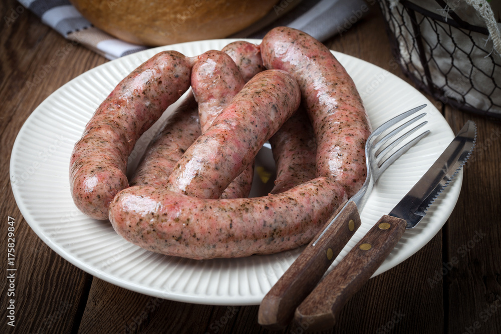 Fototapeta premium Homemade white sausage out pigs meat.