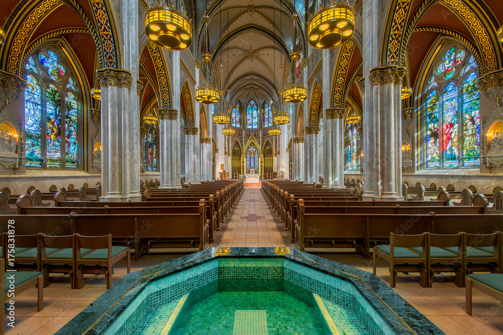 Baptismal and interior of the Cathedral of St Helena in Helena, Montana