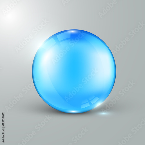 Shiny blue glass ball with light effects, vector illustration