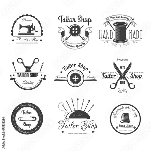 Tailor shop salon vector icons button, sewing needle or scissors and thimble