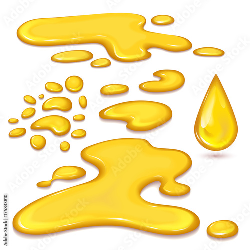 Set of orange honey drops and yellow splashes healthy syrup golden food liquid drip vector illustration.