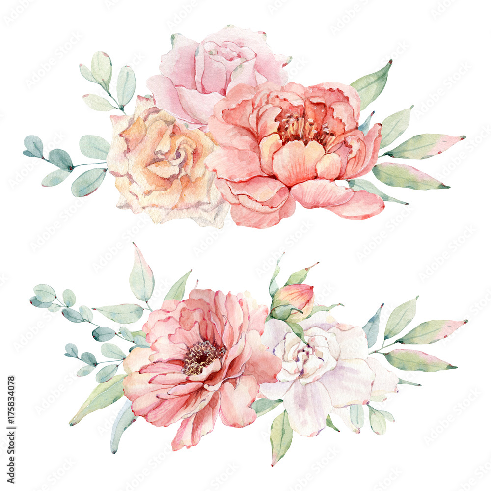 Handpainted watercolor flowers set in vintage style.