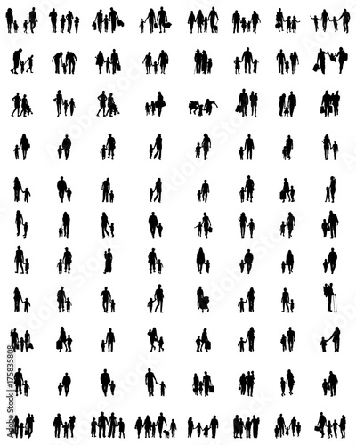 Black silhouettes of families at walking on a white background
