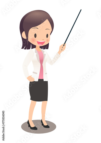 指示棒を使って説明するスーツ姿の若い女性会社員