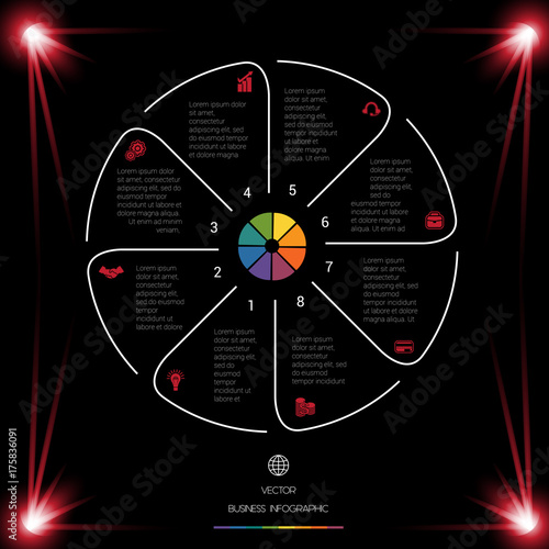 Circle Lines Infographic 8 Positions dark background with red light